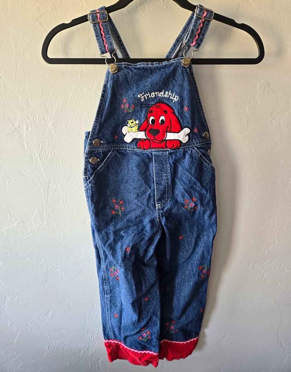 Vintage Clifford Big Red Dog Denim Overalls 4T T-Bone Embroidered Y2K Rare